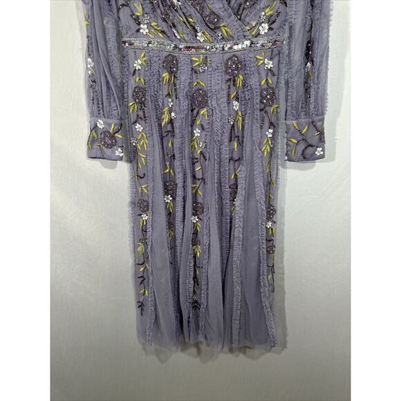 NWT $698 Mac Duggal [ 4 ] Long Sleeve‎ Embroidered Wrap Midi Dress Lilac G1710 - Picture 12 of 16